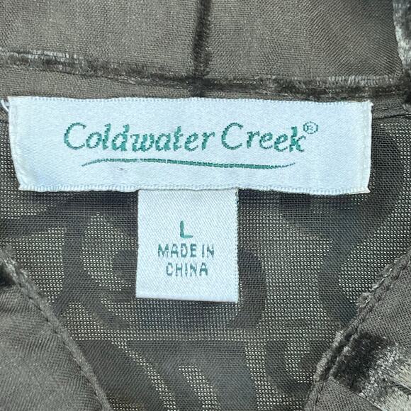 Coldwater Creek Olive Sheer Velvet Burnout Floral Long Sleeve Tunic Blouse Large - Picture 4 of 5